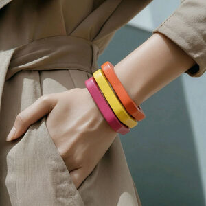 Rare Women's Vintage Retro Wood Square Bangle Bracelets Set, Pink/Yellow/Orange